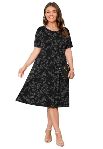 Image of POSESHE Womens Plus Size Summer Dress 2026 Casual Short Sleeve Empire Waist Loose Fit Swing T-Shirt Dress with Pockets