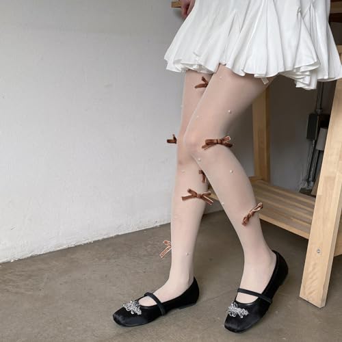 Image of SOLILOQUY Women Y2K Lolita Sheer Tights Bow Knot High Waist Footed Pantyhose Stockings See-Through Stretchy Leggings