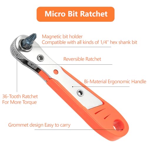 Image of 19in1 Right Angle Ratcheting Screwdriver Set，90 Degree Security Bit Set ，Magnetic Right Angle Screwdriver Low Profile，[Bearing Steel] ，36-Tooth Mini Ratchet Wrench, for Tight Spaces, Bike