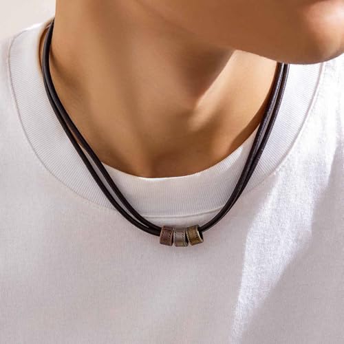 PU Leather Necklace for Men with Pendant, Black Leather Choker Necklace for Men Women, Vintage Boho Style Multilayer Pendant Cord Necklace2