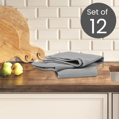 Linen Hub 12 Pack Kitchen Dish Towels 100% Cotton 16X26 Absorbent Durable Washable, Tea Towels, Dish Cloths, Bar Towels, Cleaning Towels, Kitchen Towels With Hanging Loop, Grey #TOP1