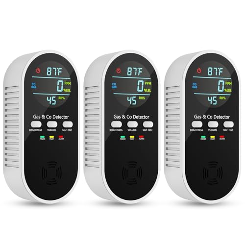 5-in-1 Carbon Monoxide Detectors, Natural Gas Leak Detector, Plug-in & Battery Backup Co Detector, HD Digital Display, CO Gas Temp Humidity Sensor, 3-Pcs, Black
