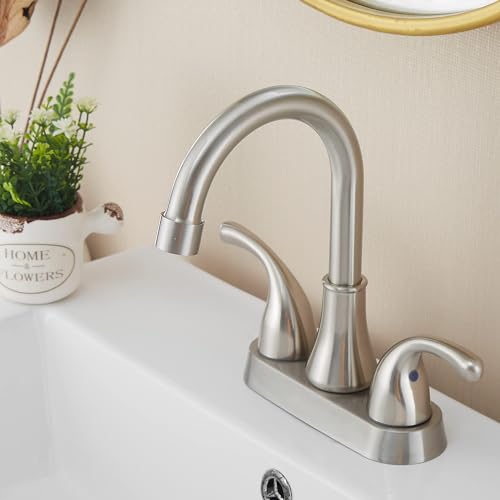 Image of Brushed Nickel Bathroom Sink Faucet 4 Inch Faucet 2 Handle with Pop-up Drain Stopper and Supply Hoses(Set of 2)