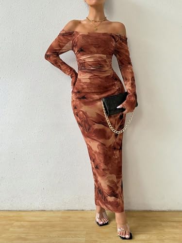 Image of LIGHT DOT Women's Printed Off Shoulder Maxi Dress Long Sleeve Bodycon Ruched Mesh Cocktail Dress