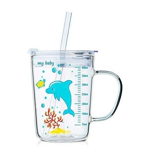 HALO NATION ® Glass Drinking Mug Cartoon Printed Design Mason Jar with Straw 400 ML with Handle and Clear Lid with Scale Straw for Coffee Juice Milk & Multiple Usage Sipper with Straw - 1pc-image-25