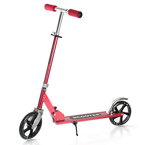 Folding Scooters with 200mm Large Wheels, Kick Scooter for Kids 10 Years and up/Adults + Adjustable Height + Shoulder Strap, Smooth Ride Commuter Portable Scooter Best Gift for Teens (Red Scooter)