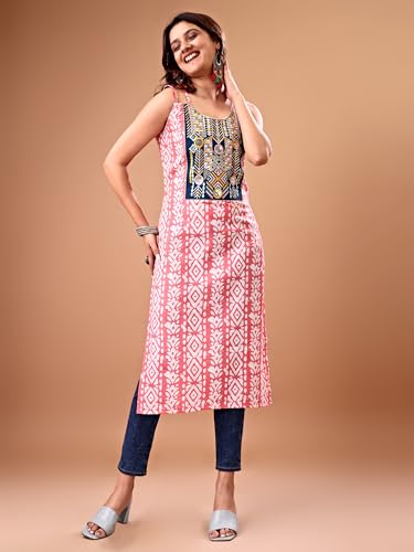 Image of EthnicJunction Women's Cotton Blend Straight Fit Straight Embroidered Batik Print Shoulder Straps Kurta | Navratri Special Kurta