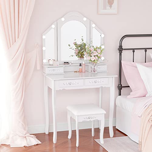 Makeup Vanity with Lights Vanity Desk with Mirror and Lights 4 Drawer Vanity Set Makeup Dressing Table with 10 LED Light Bulbs Small Vanity Table for Bedroom, White Makeup Vanity with Lights Vanity Desk with Mirror and Lights 4 Drawer Vanity Set Makeup Dressing Table with 10 LED Light Bulbs Small Vanity Table for Bedroom, White