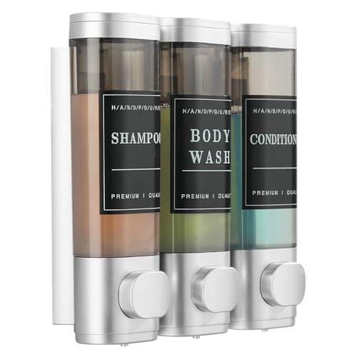 Image of Shower Soap Dispenser Wall Mounted No Drill Shampoo Dispenser for Shower Wall Shampoo and Conditioner Dispenser Bathroom Hotel 3 * 300ml with Waterproof Labels Sliver