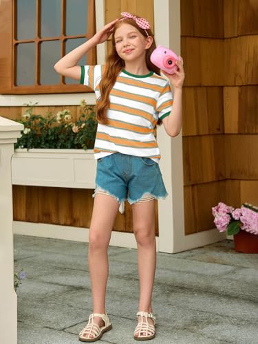 Image of Haloumoning Girls Striped Short Sleeve T Shirts Kids Summer Casual Tops Crewneck Tees Blouses 5-14Y
