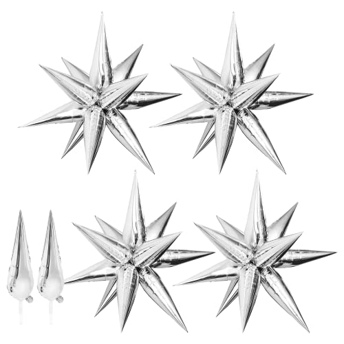 Maylai 50 PCS 40 Large Silver Star Balloons Big Metallic Explosion Star Foil Balloons 12 Point Star Balloons Cone Mylar Balloons Spike Balloons for Birthday Christmas Party Decoration