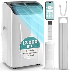 SereneLife Klimaanlage Mobil 12.000 BTU mit Heizfunktion – Kleine Klimaanlage für Zimmer bis 32 m² | Kühlen, Heizen, Entfeuchter & Ventilator | 48 dB | Grau