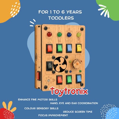 Image of Wooden Busy Board for Toddlers 1-4 Years | Rechargeable Sensory Toy with LED Lights, Fan, Vibration & Buzzer | Montessori Activity Learning Toy for Kids