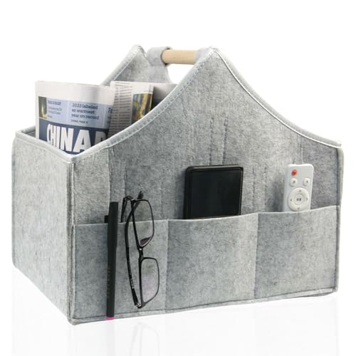 Zeitschriftenständer, moderner Zeitungssammler, großer Filz Zeitungspapierkorb, abnehmbare 4-Lagen-Trennwand,Massivholzgriff,3-kleine Außentaschen,geeignet für Haus- und Büroaufbewahrung (Hellgrau)