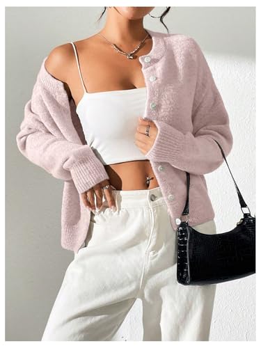 Image of SweatyRocks Women's Fall Button Down Lightweight Cardigan Ribbed Knit Long Sleeve Crew Neck Sweater