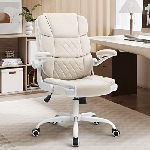 SEATZONE Ergonomic Office Chair Beige Velvet Fabric Computer Desk Chairs with Wheels and Flip-up Arms, Rolling Swivel Task Chair for Adults and Teens