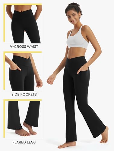 Image of Maxbee Flare Yoga Pants with Pockets for Women, V Crossover Flare Leggings Tummy Control, High Waist Bootcut Yoga Leggings