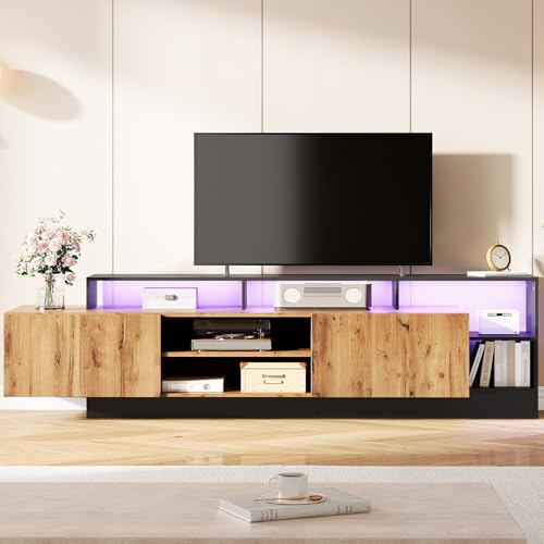 BTM Meuble TV 190 LED, Conception Multicouche Unique, 2 Portes & 8 Compartiments de Rangement, Chambre Salon, pour TV Max 70 Pouces, Charge 80 kg, 190x40x50...