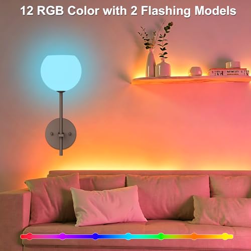 Image of Brown Battery Operated Wall Sconces Set of 2, Rechargeable Wireless Wall Lights with Milky White Frosted Glass, 12 RGB and 3CCT Dimmable Wall Lamps with Remote for Bedroom Living Room Hallway