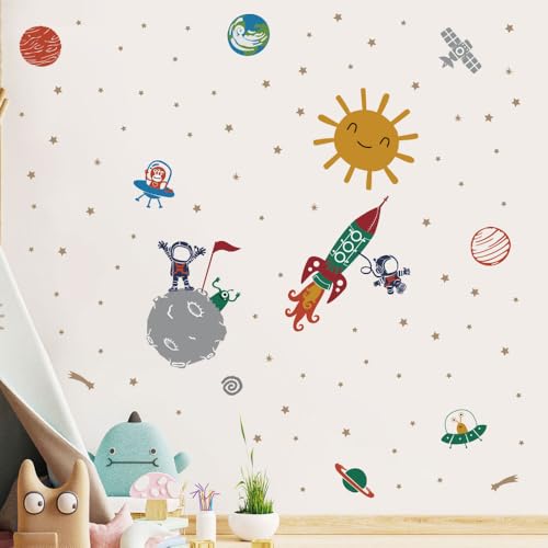Image of Astronaut Rocket Space Wall Stickers for Kids Room Decor - Planets & Stars Wall Decals - Peel and Stick Removable Space Wall Decor for Nursery, Bedroom, Playroom - Large Size 151x118cm
