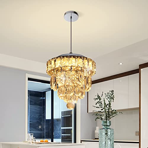 qudkdhs Mini Crystal Chandelier Light Fixtures, Modern LED Crystal Pendant Lights 14W Chrome Crystal Semi Flush Mount Ceiling Light for Bedroom Living Room Hallway Bar Dining Room