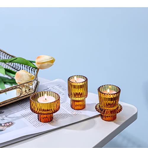 Glass Candlestick Holders Set Of 3, Amber Taper Candle Holder, Glass Candle Holder For Taper Candle Or Tea Light Candle, Candle Stand For Home Decor, Wedding, Party, Dining #TOP3