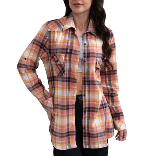 Match Womens Button Down Flannel Plaid Shirts roll up Long Sleeve Shackets Business Blouse Top
