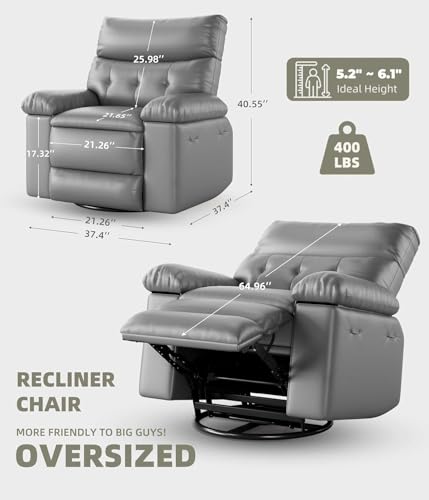 Image of Regular Manual Recliner Chair for Adults, PU Leather Comfy Reclining Chair with Overstuffed Arms & Back, Side Pocket, Modern Single Sofa for Living Room Bedroom,Gray