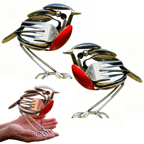 Robin Bird Scrap Metal Art Sculpture Rotkehlchen Vogel Kunstskulptur Altmetall Ornamente handgefertigte Gabel Löffel Schrott Kunstdekoration Rotkehlchen-Figur Geschenk für Vogelliebhaber (2 Stück)