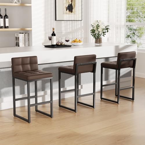 Image of Bar Stools Set of 3, Modern Counter Height Bar Stools with Back,24 inch Brown
