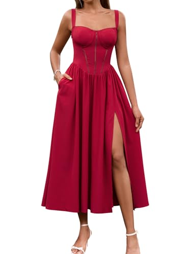 Image of KUTUMAI Floral Corset Midi Dress Flowy Slit Summer Spring Wedding Guest Dresses for Women Sundress with Pockets