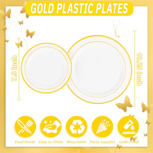 WDF 120 pieces Gold Disposable Plastic Plates - White and Gold Plates Include 10.25" Dinner Plate & 7.5" Salad Plate for Weddings/Party/Valentine's Day