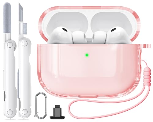 Inesore for AirPods Pro3 ケース クリア (2025) シリカゲルロープ & カラビナ & クリーニングペン付き、TPU素材/全面保護/耐衝撃/強力な落下防止、エアーポッズプロ 第3世代対応保護カバー -ピンクの商品画像（Amazon）