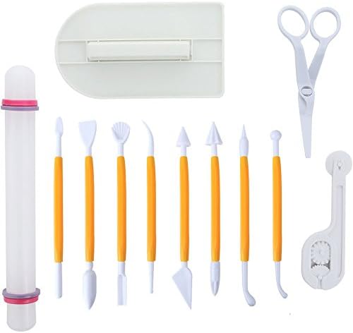 ScivoKaval Marshmallow Fondant Cake Decorating Hand Tool 12 Pcs 5 Sets Sugar craft Gum paste Icing Smoother Rolling Pin Trimmer Cutter Embosser Flower Scissor Modelling Accessories Supplies Kit Yellow