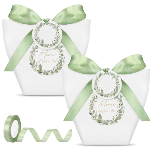 Nezyo 50 Boîtes Cadeaux en Carton Boîte à Dragées de Mariage avec Etiquettes, Ruban Vert...