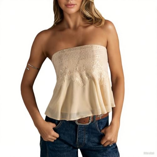 Women Chiffon Lace Tube Top Y2k Strapless Shirt Floral Embroidery Cute Summer Flowy Going Out Tops3