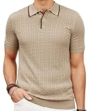PJ PAUL JONES Mens Polo Shirt Classic Short Sleeve 60s Italian Knitted Polo Shirt Lightweight Textured Sweater Polo for Business Casual Khaki M