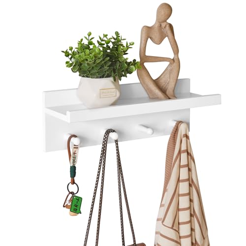Aibiku Patère en Bois avec Étagère Murale, Étagère Murale D'entrée de 40 cm, pour salle de Bain, Cuisine, Organisateur de Clés, Serviettes, Manteaux,...