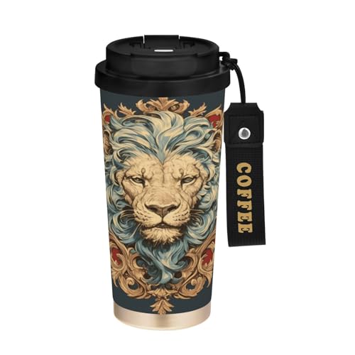 linqin Vaso de café de viaje pequeño de león borgoña para mujer con tapas, vasos aislados de acero inoxidable para bebidas frías y calientes, 17 onzas, a prueba de derrames