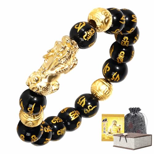 Feng Shui Bracelet Obsidian Bracelet, 24k Gold Plated PiXiu Dragon Protection for Men Women, 12mm Mantra Prayer Beads Bracelets Meditation Decompression Meaning to Attract Wealth, Good Luck