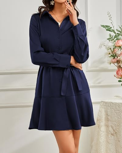 Image of Women's Long Sleeve Button Up Midi Belt Shift Collar Dress with Pockets for Work Office Business