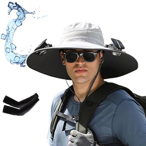 Economicalk Fan Hat, Economicalk Wide Brim Solar Fan Outdoor Fishing Hat, Sunscreen Sun Fishing Hats with 2 Solar Fans (F - 2 Fan)