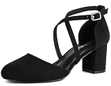 Greatonu Women's Black Low Block Heeled Dress Pumps Closed Round Toe Cross Strap Wedding Bridal Party Office Shoes Size 8.5