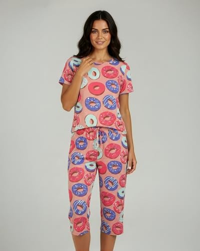 Image of Real Essentials 2 Pack: Womens Pajamas Short Sleeve Sleepwear Tops and Capri Pants Pjs Print Pajama Sets (Available In Plus)