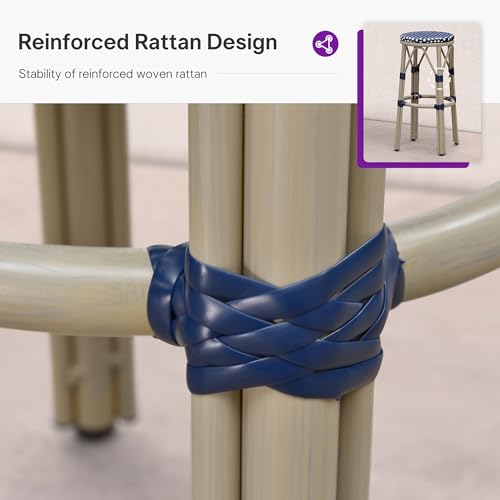 Image of PURPLE LEAF Outdoor Round Bar Height Stool Set of 2 Patio Backless Barstools Aluminum Frame in Champagne Finish with Navy Blue & White Woven Rattan for Indoor Kitchen Dining Bistros Cafe Restaurant