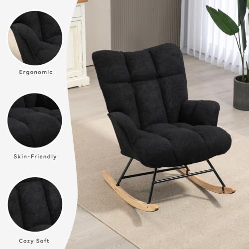 Image of SAETSFEG Rocking Chair Nursery Teddy Upholstered Glider Rocker Rocking Accent Chair Padded Seat with High Backrest Armchair Comfy Side Chair for Living Room Bedroom Offices (Black Teddy)
