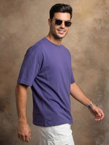 Image of Veirdo Oversized Baggy Fit Drop Shoulder Half Sleeves Round Neck Solid Pure 100% Cotton T-Shirt for Men (Available in White, Black, Mustard, Maroon, Green, Lilac, Navy, Red Color)