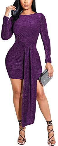Image of Women's Casual Round Neck Long Sleeve Night Club Party Sexy Sparkly Bodycon Wrap Mini Dress