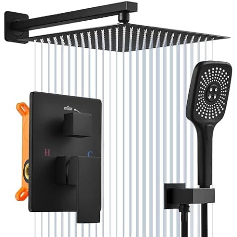 Beati Faucet Matte Black Shower Faucet Sets Complete Kit with Rough-In Valve,Bathroom Shower Systems with 12 inch Rain Shower Head and Handheld Sprayer Cover