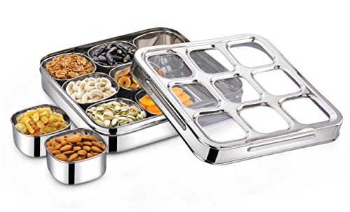 Image of Expresso 9 Square Stainless Steel Spice Box, Organiser with 9 Compartment, Popula Dabba, Square Masala Dani for Kitchen, Rust Resistant See-Through Lid with Unbreakable Acrylic Sheet, Design, Silver